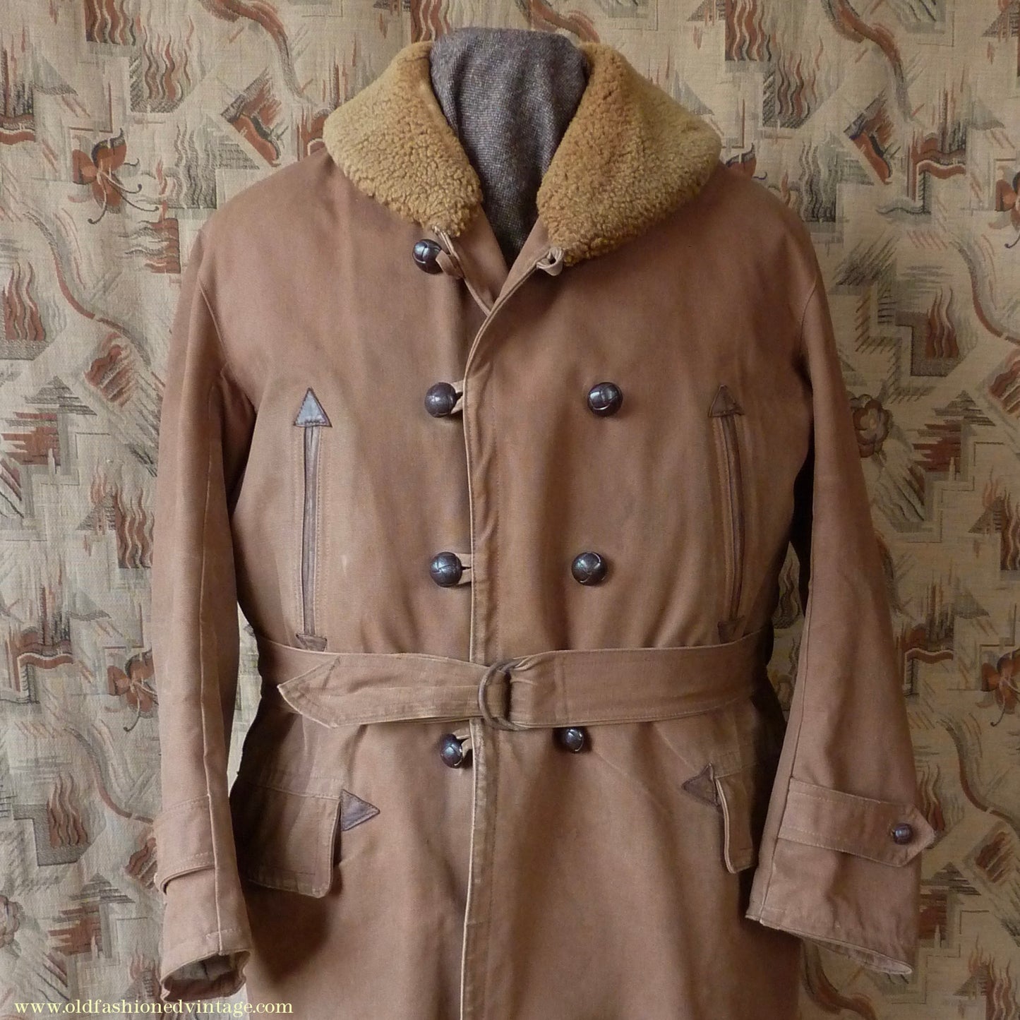 Vintage Mens 1930s French "Canadienne" Mackinaw Coat Double Breasted Brown Canvas Workwear Jacket Shawl Fur Collar 44"