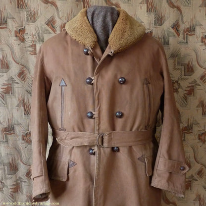 Vintage Mens 1930s French "Canadienne" Mackinaw Coat Double Breasted Brown Canvas Workwear Jacket Shawl Fur Collar 44"