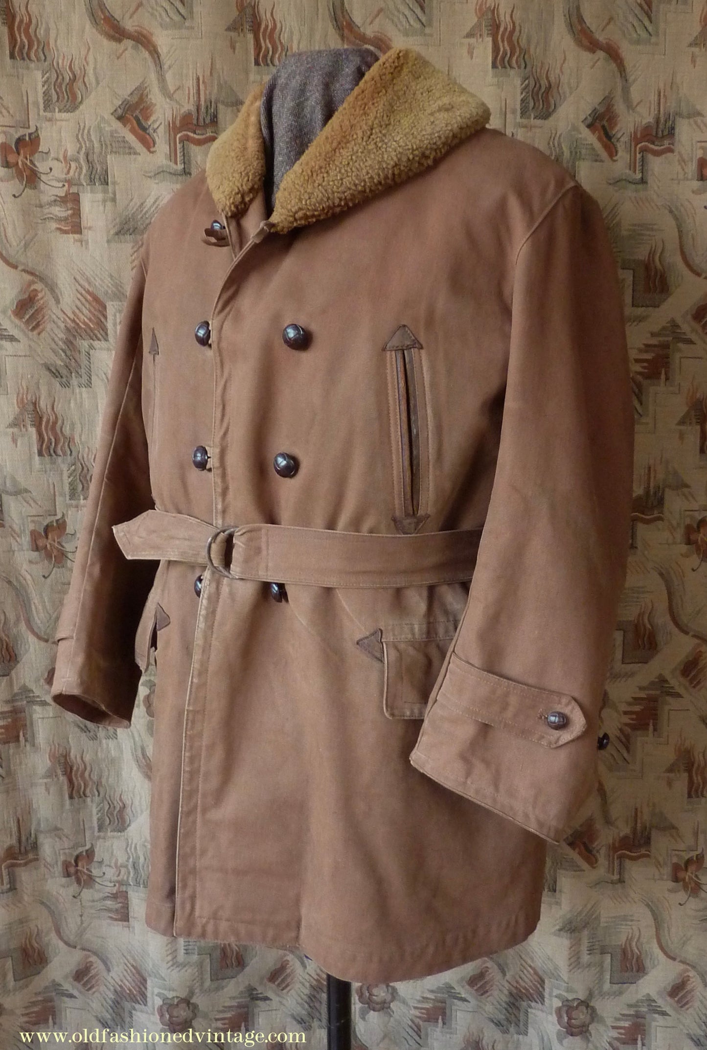 Vintage Mens 1930s French "Canadienne" Mackinaw Coat Double Breasted Brown Canvas Workwear Jacket Shawl Fur Collar 44"