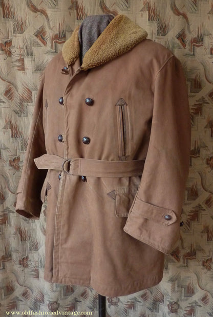 Vintage Mens 1930s French "Canadienne" Mackinaw Coat Double Breasted Brown Canvas Workwear Jacket Shawl Fur Collar 44"