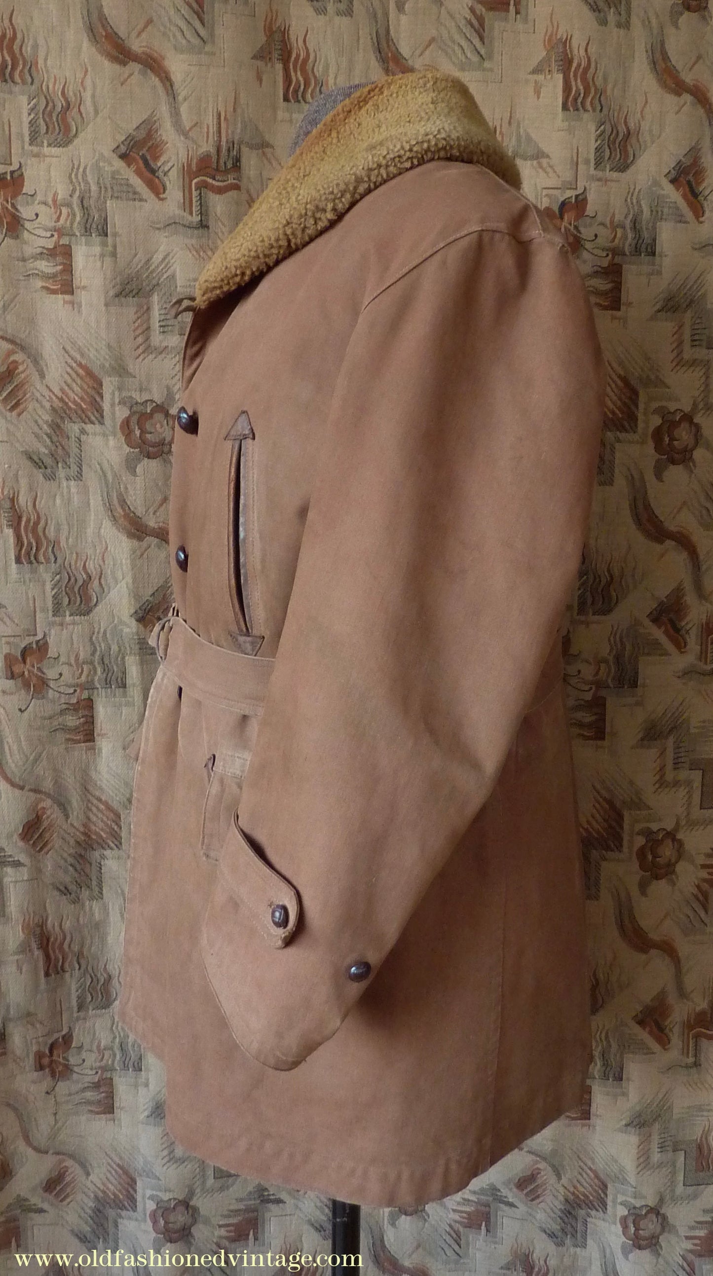 Vintage Mens 1930s French "Canadienne" Mackinaw Coat Double Breasted Brown Canvas Workwear Jacket Shawl Fur Collar 44"