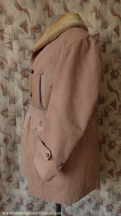 Vintage Mens 1930s French "Canadienne" Mackinaw Coat Double Breasted Brown Canvas Workwear Jacket Shawl Fur Collar 44"