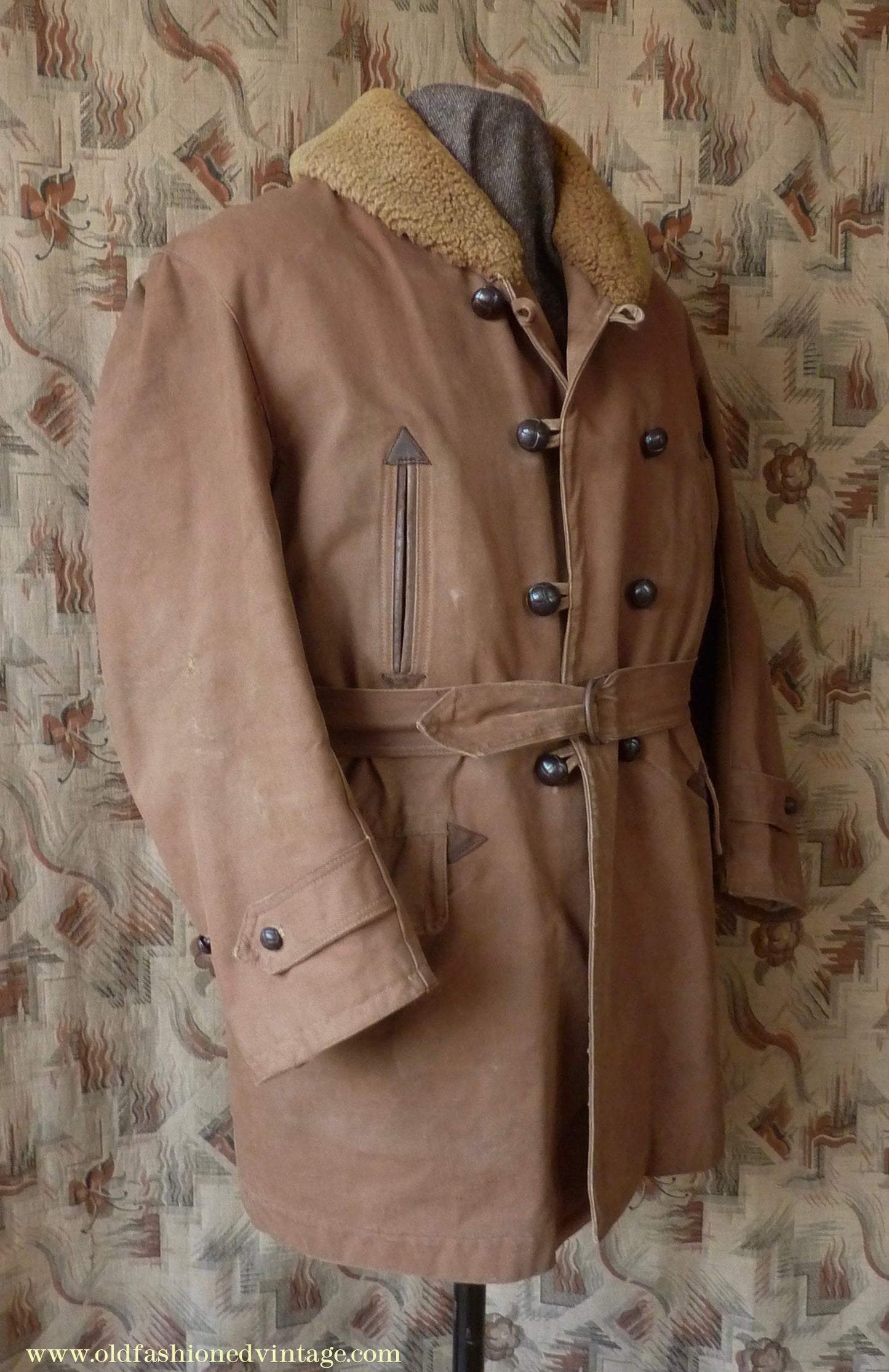 Vintage Mens 1930s French "Canadienne" Mackinaw Coat Double Breasted Brown Canvas Workwear Jacket Shawl Fur Collar 44"