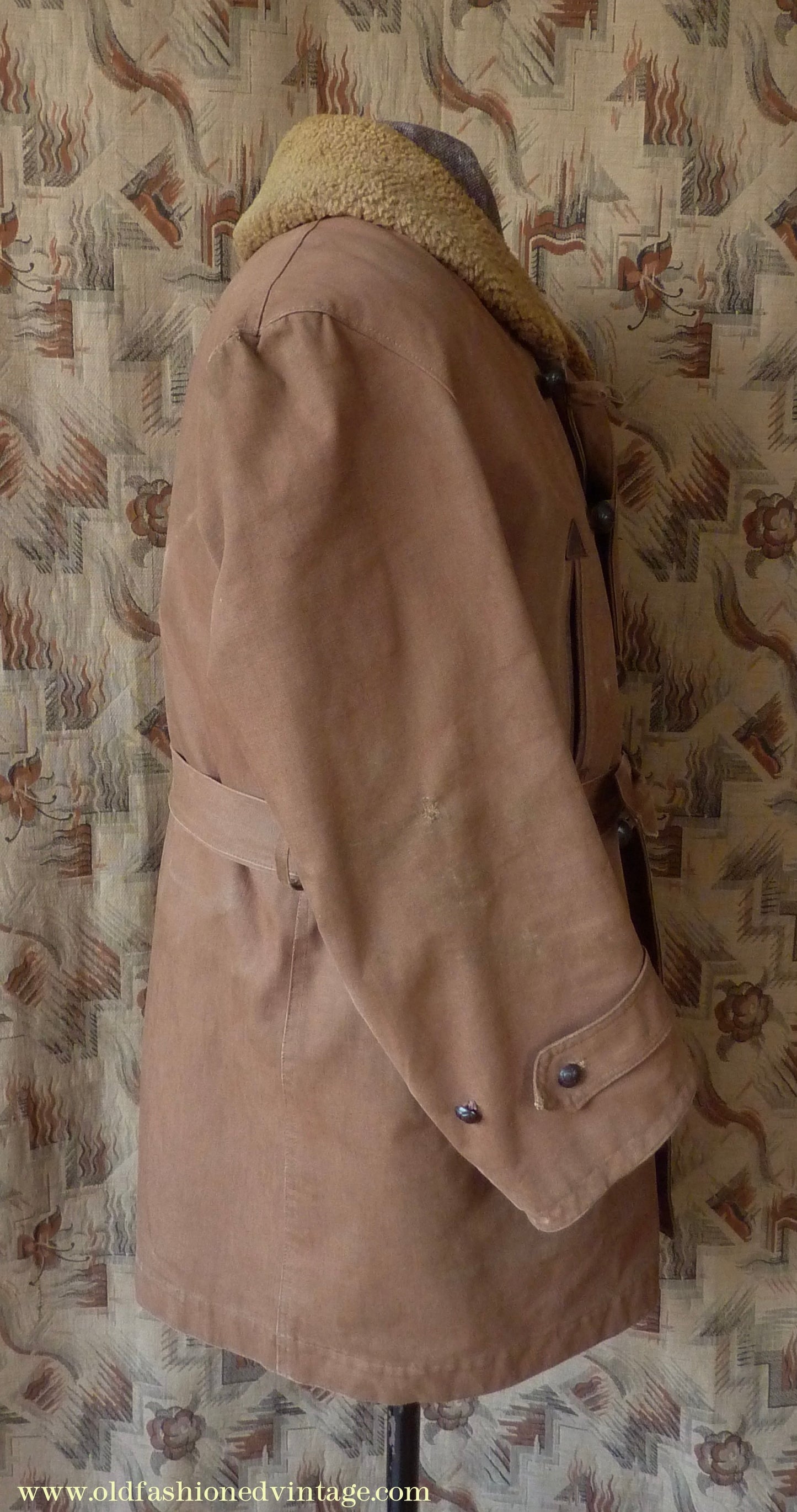 Vintage Mens 1930s French "Canadienne" Mackinaw Coat Double Breasted Brown Canvas Workwear Jacket Shawl Fur Collar 44"