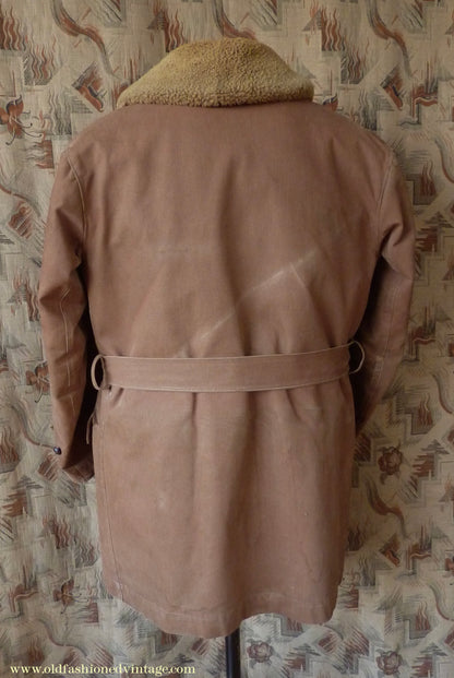 Vintage Mens 1930s French "Canadienne" Mackinaw Coat Double Breasted Brown Canvas Workwear Jacket Shawl Fur Collar 44"
