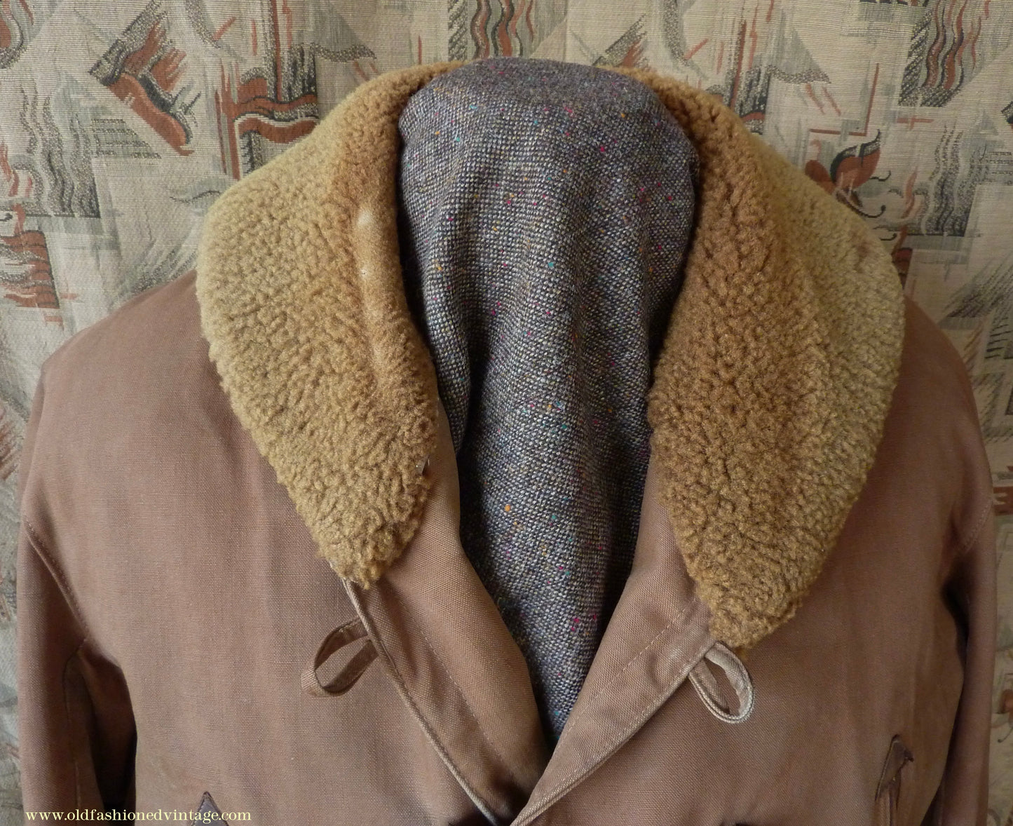 Vintage Mens 1930s French "Canadienne" Mackinaw Coat Double Breasted Brown Canvas Workwear Jacket Shawl Fur Collar 44"