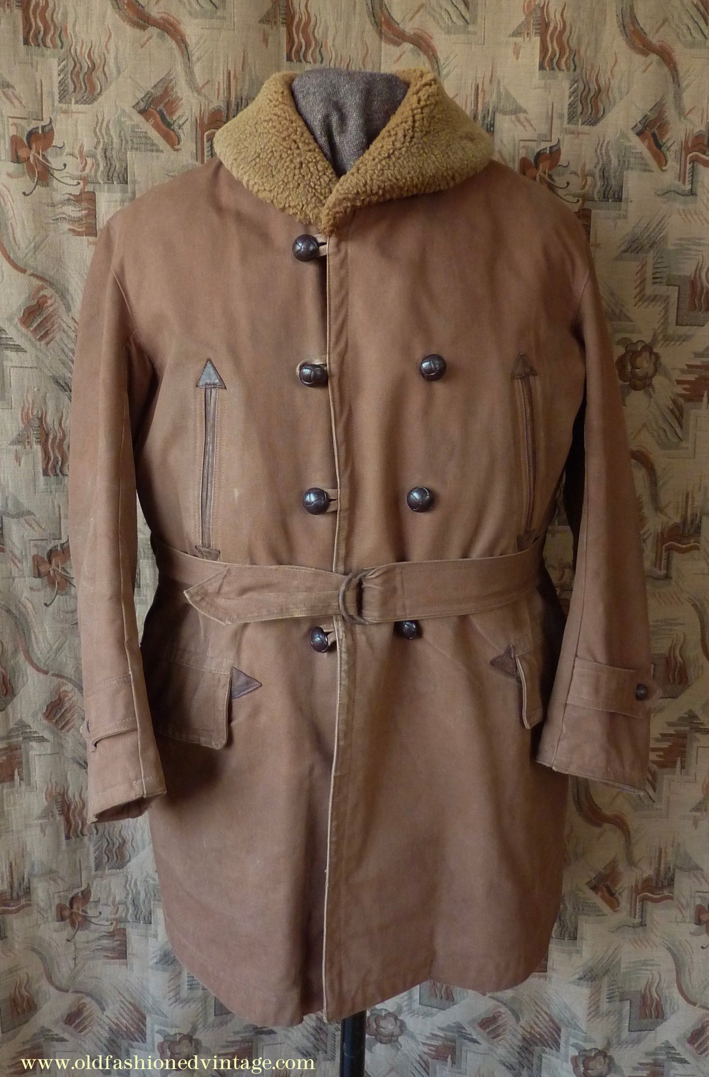 Vintage Mens 1930s French "Canadienne" Mackinaw Coat Double Breasted Brown Canvas Workwear Jacket Shawl Fur Collar 44"