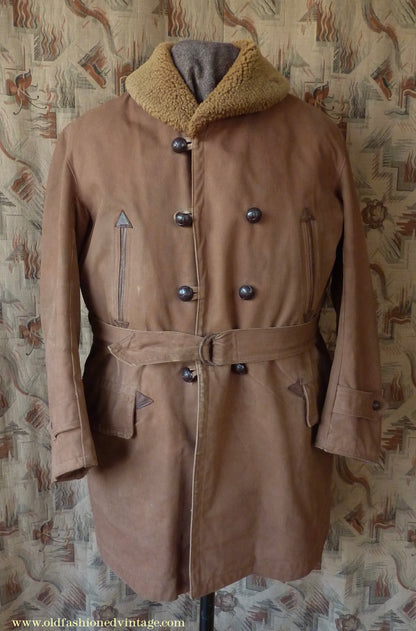 Vintage Mens 1930s French "Canadienne" Mackinaw Coat Double Breasted Brown Canvas Workwear Jacket Shawl Fur Collar 44"