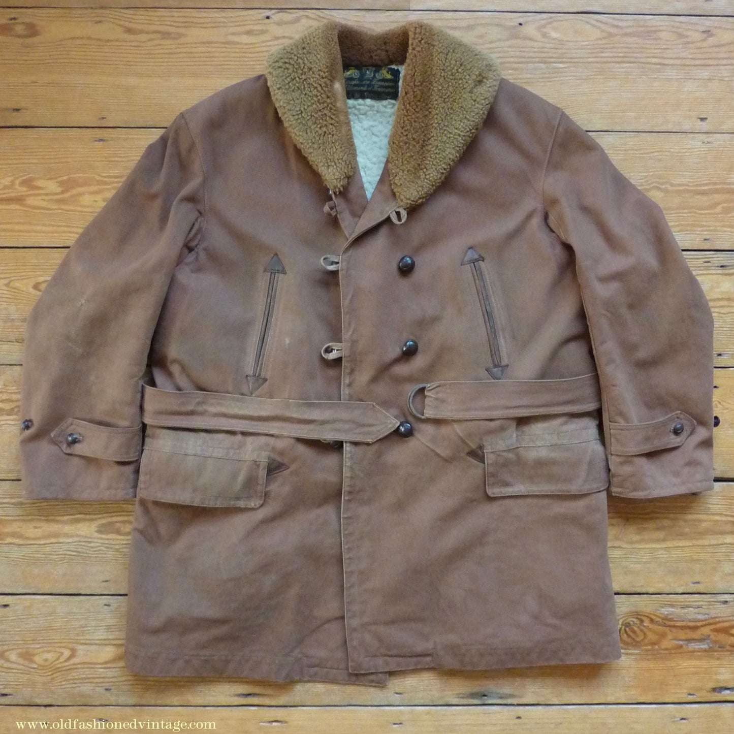 Vintage Mens 1930s French "Canadienne" Mackinaw Coat Double Breasted Brown Canvas Workwear Jacket Shawl Fur Collar 44"