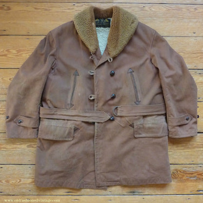 Vintage Mens 1930s French "Canadienne" Mackinaw Coat Double Breasted Brown Canvas Workwear Jacket Shawl Fur Collar 44"
