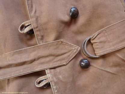 Vintage Mens 1930s French "Canadienne" Mackinaw Coat Double Breasted Brown Canvas Workwear Jacket Shawl Fur Collar 44"