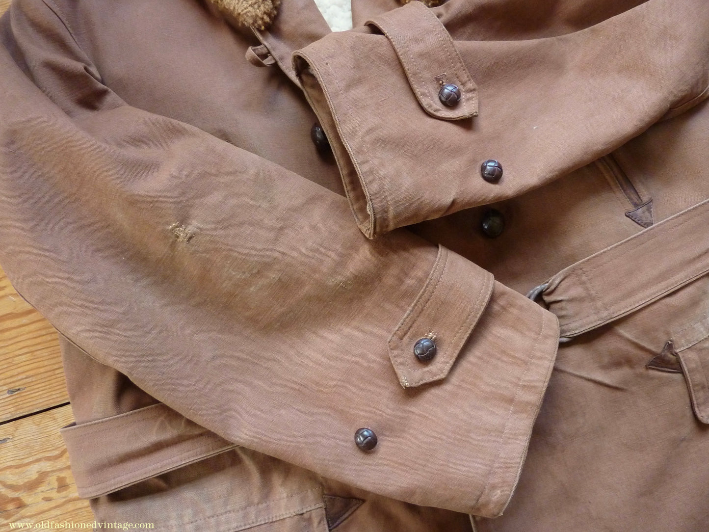 Vintage Mens 1930s French "Canadienne" Mackinaw Coat Double Breasted Brown Canvas Workwear Jacket Shawl Fur Collar 44"