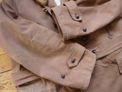 Vintage Mens 1930s French "Canadienne" Mackinaw Coat Double Breasted Brown Canvas Workwear Jacket Shawl Fur Collar 44"