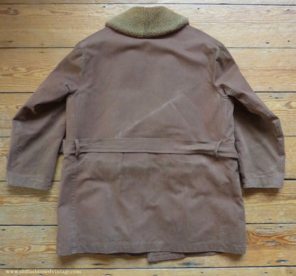 Vintage Mens 1930s French "Canadienne" Mackinaw Coat Double Breasted Brown Canvas Workwear Jacket Shawl Fur Collar 44"