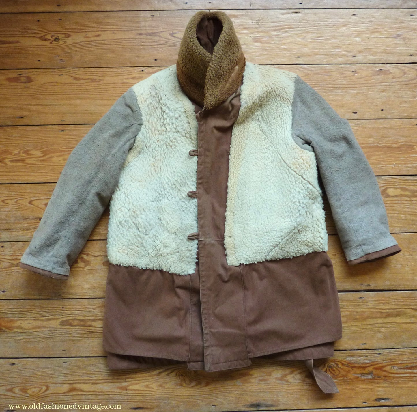 Vintage Mens 1930s French "Canadienne" Mackinaw Coat Double Breasted Brown Canvas Workwear Jacket Shawl Fur Collar 44"