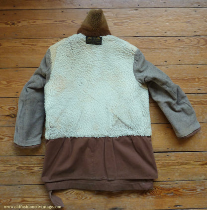 Vintage Mens 1930s French "Canadienne" Mackinaw Coat Double Breasted Brown Canvas Workwear Jacket Shawl Fur Collar 44"