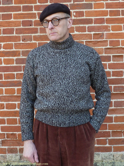 Old Fashioned Garments Vintage Reproduction 1940s Mens Roll Neck Jumper Mottled Dark Brown & White Polo Turtle Sweater L