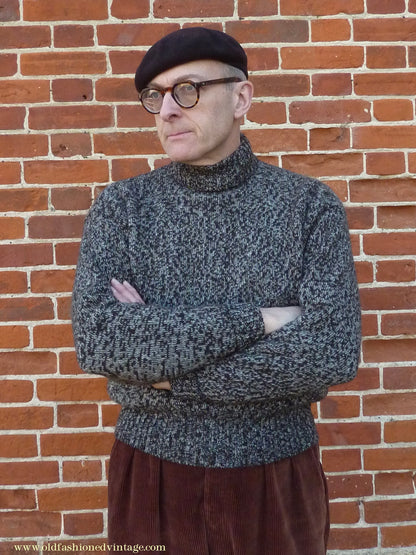 Old Fashioned Garments Vintage Reproduction 1940s Mens Roll Neck Jumper Mottled Dark Brown & White Polo Turtle Sweater L