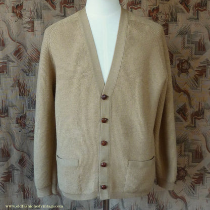Vintage Mens 1950s 1960s Jaeger Cardigan Sweater Ribbed Saddle Sleeves Sandy Camel Beige Wool 42"