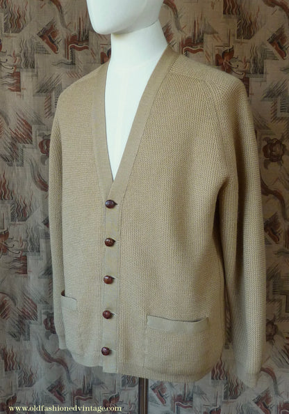 Vintage Mens 1950s 1960s Jaeger Cardigan Sweater Ribbed Saddle Sleeves Sandy Camel Beige Wool 42"