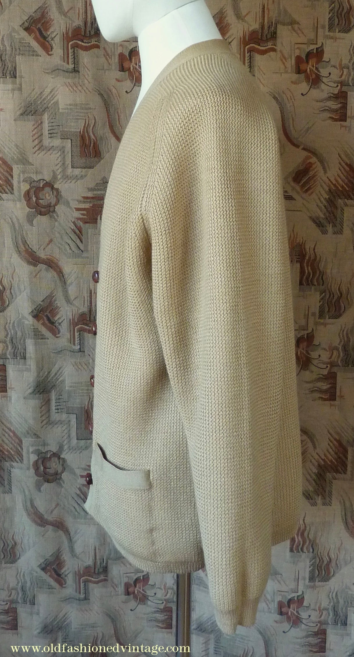 Vintage Mens 1950s 1960s Jaeger Cardigan Sweater Ribbed Saddle Sleeves Sandy Camel Beige Wool 42"