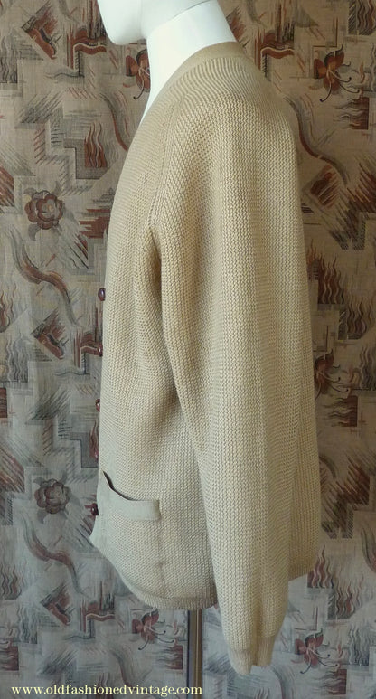 Vintage Mens 1950s 1960s Jaeger Cardigan Sweater Ribbed Saddle Sleeves Sandy Camel Beige Wool 42"
