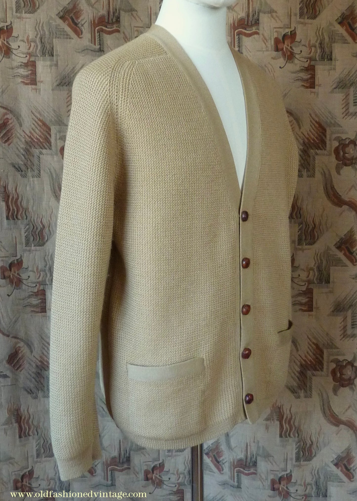 Vintage Mens 1950s 1960s Jaeger Cardigan Sweater Ribbed Saddle Sleeves Sandy Camel Beige Wool 42"