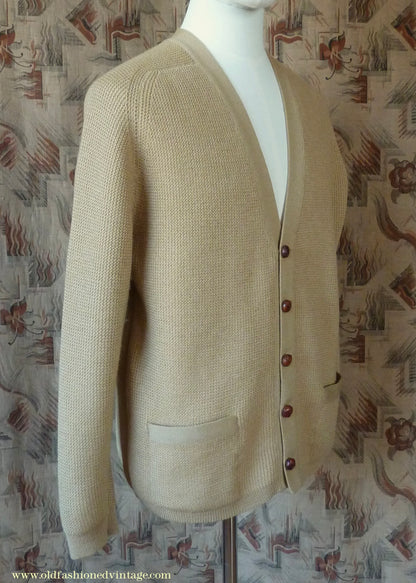 Vintage Mens 1950s 1960s Jaeger Cardigan Sweater Ribbed Saddle Sleeves Sandy Camel Beige Wool 42"