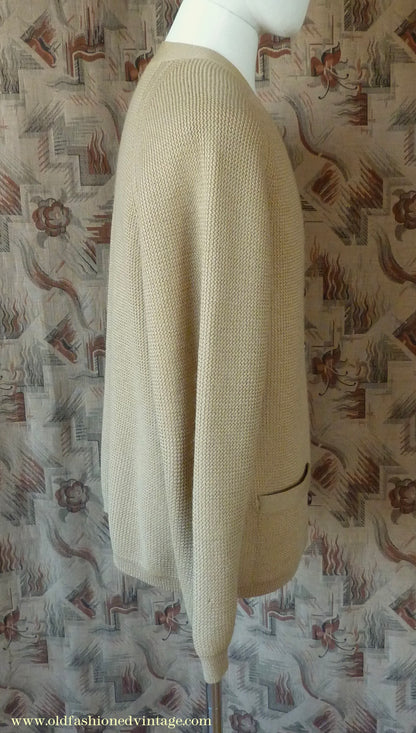 Vintage Mens 1950s 1960s Jaeger Cardigan Sweater Ribbed Saddle Sleeves Sandy Camel Beige Wool 42"