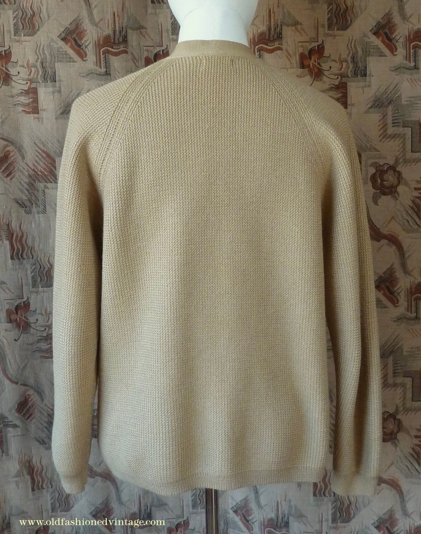 Vintage Mens 1950s 1960s Jaeger Cardigan Sweater Ribbed Saddle Sleeves Sandy Camel Beige Wool 42"