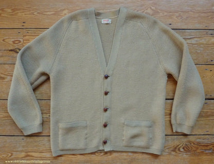 Vintage Mens 1950s 1960s Jaeger Cardigan Sweater Ribbed Saddle Sleeves Sandy Camel Beige Wool 42"