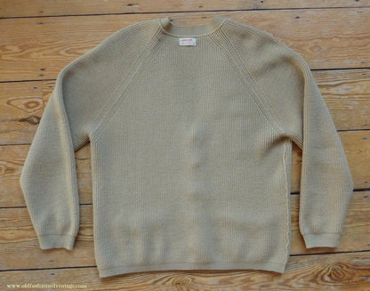 Vintage Mens 1950s 1960s Jaeger Cardigan Sweater Ribbed Saddle Sleeves Sandy Camel Beige Wool 42"