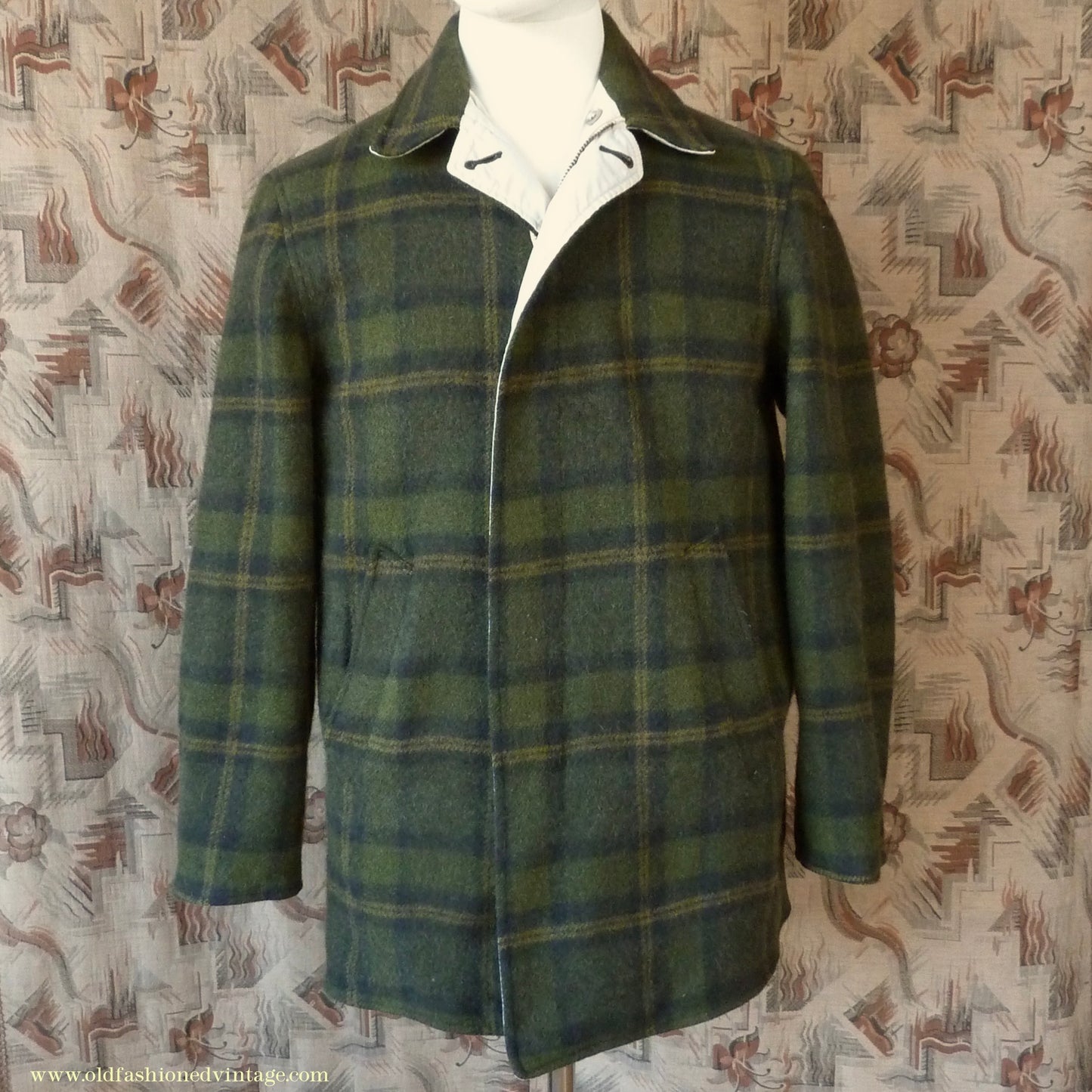 Vintage Mens 1950s Pendleton Reversible Zipper Jacket Olive Green Plaid Wool Cotton S