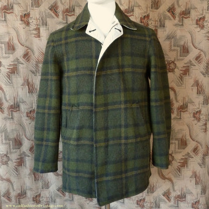 Vintage Mens 1950s Pendleton Reversible Zipper Jacket Olive Green Plaid Wool Cotton S