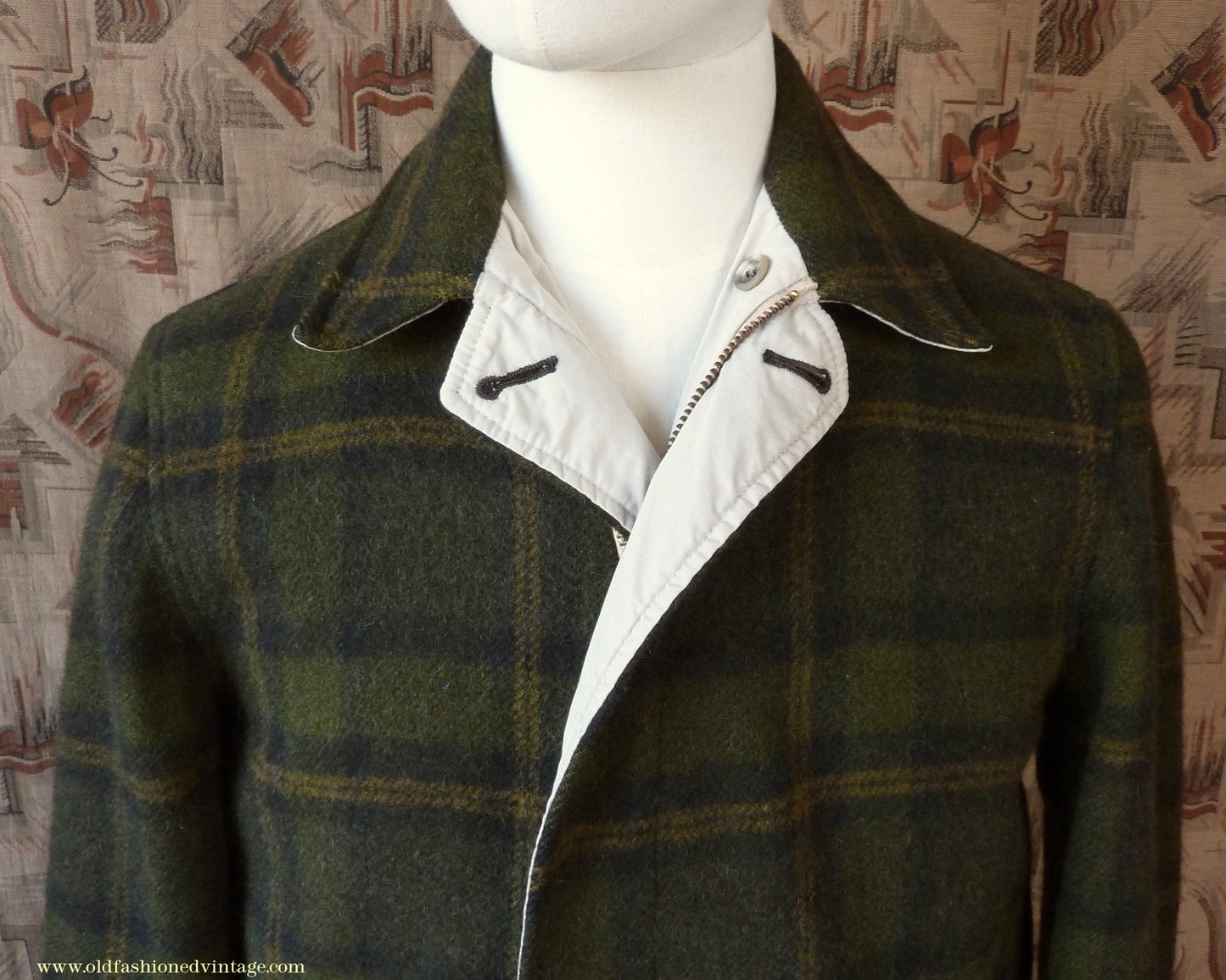 Vintage Mens 1950s Pendleton Reversible Zipper Jacket Olive Green Plaid Wool Cotton S