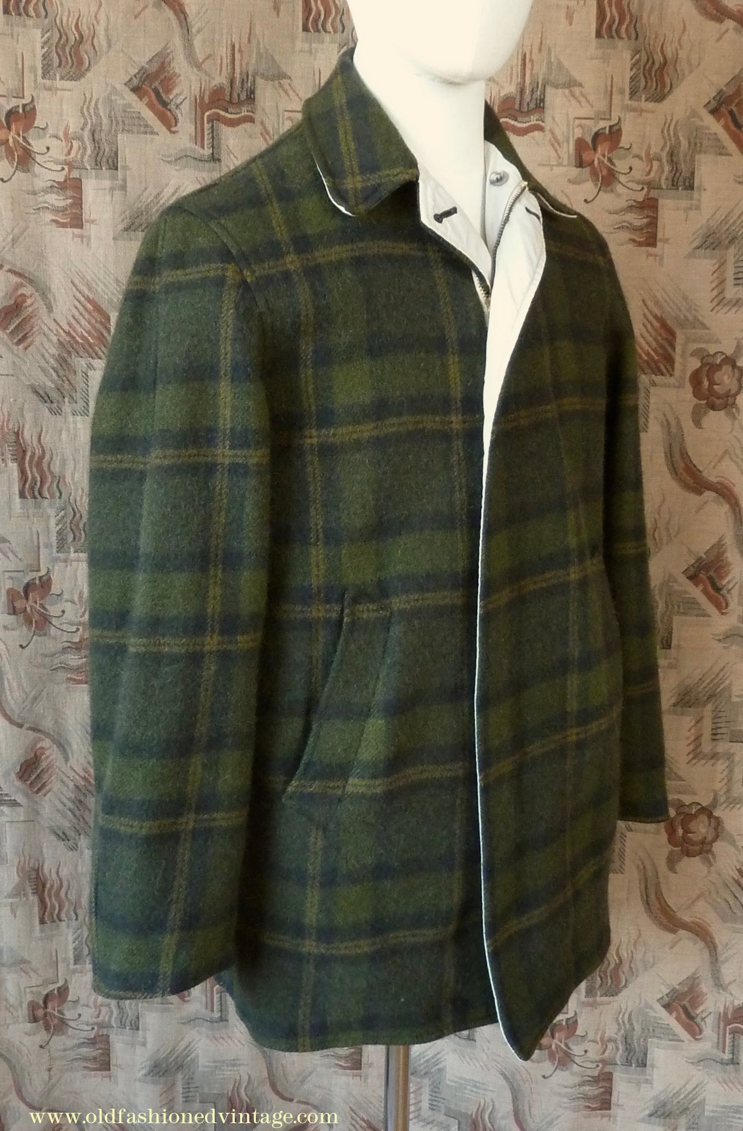Vintage Mens 1950s Pendleton Reversible Zipper Jacket Olive Green Plaid Wool Cotton S