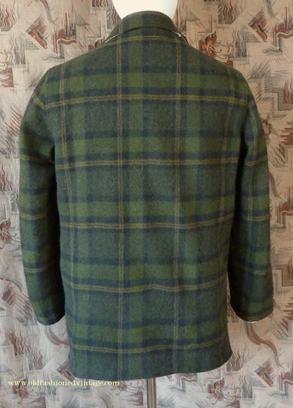 Vintage Mens 1950s Pendleton Reversible Zipper Jacket Olive Green Plaid Wool Cotton S