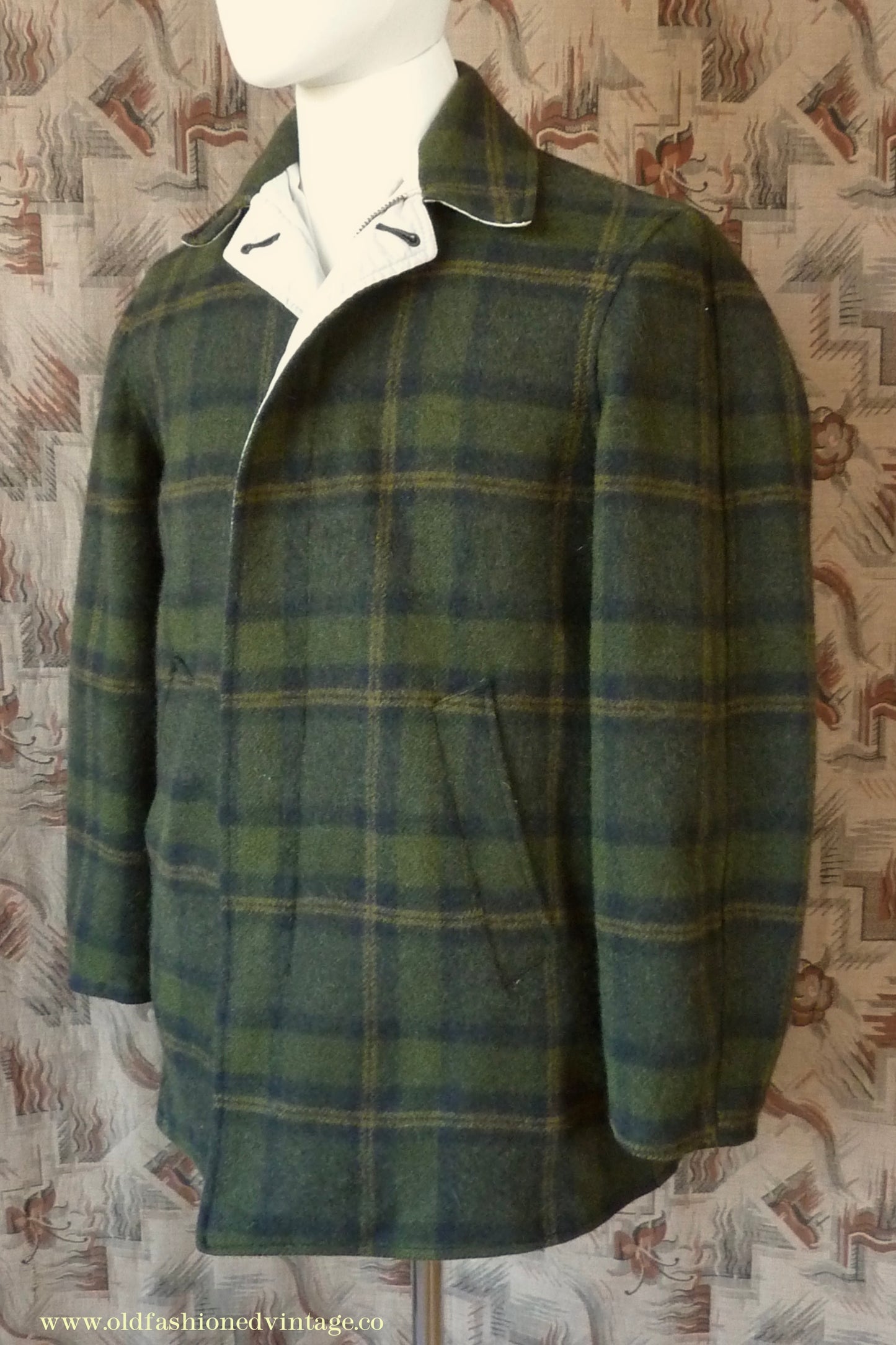 Vintage Mens 1950s Pendleton Reversible Zipper Jacket Olive Green Plaid Wool Cotton S
