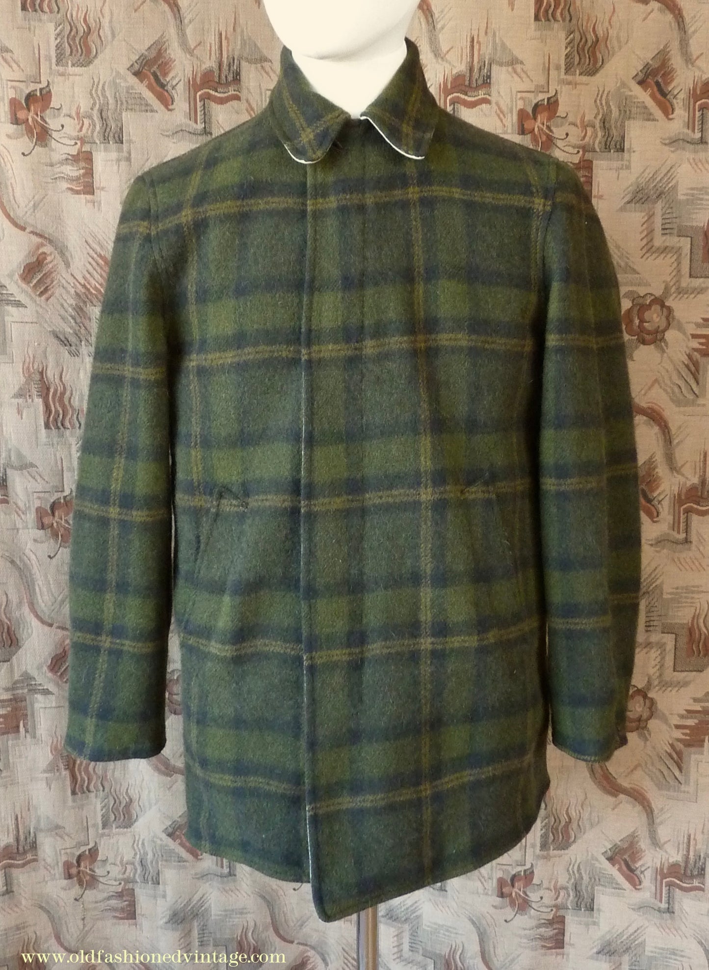Vintage Mens 1950s Pendleton Reversible Zipper Jacket Olive Green Plaid Wool Cotton S