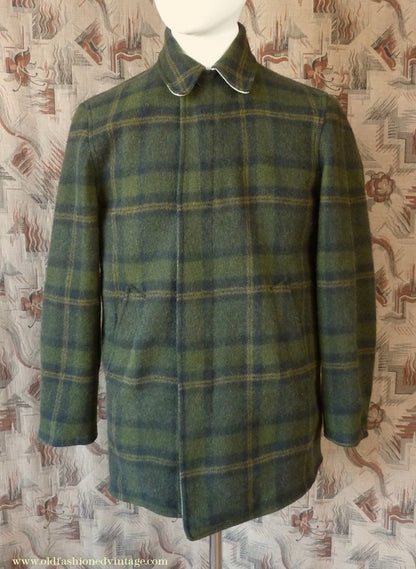 Vintage Mens 1950s Pendleton Reversible Zipper Jacket Olive Green Plaid Wool Cotton S