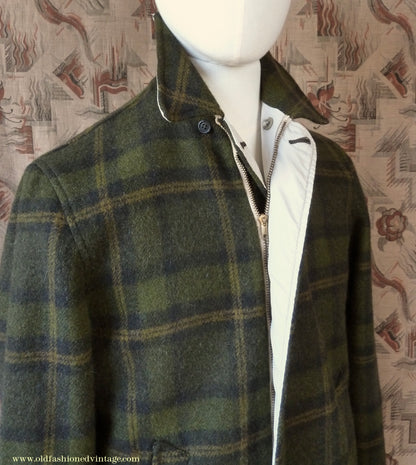 Vintage Mens 1950s Pendleton Reversible Zipper Jacket Olive Green Plaid Wool Cotton S