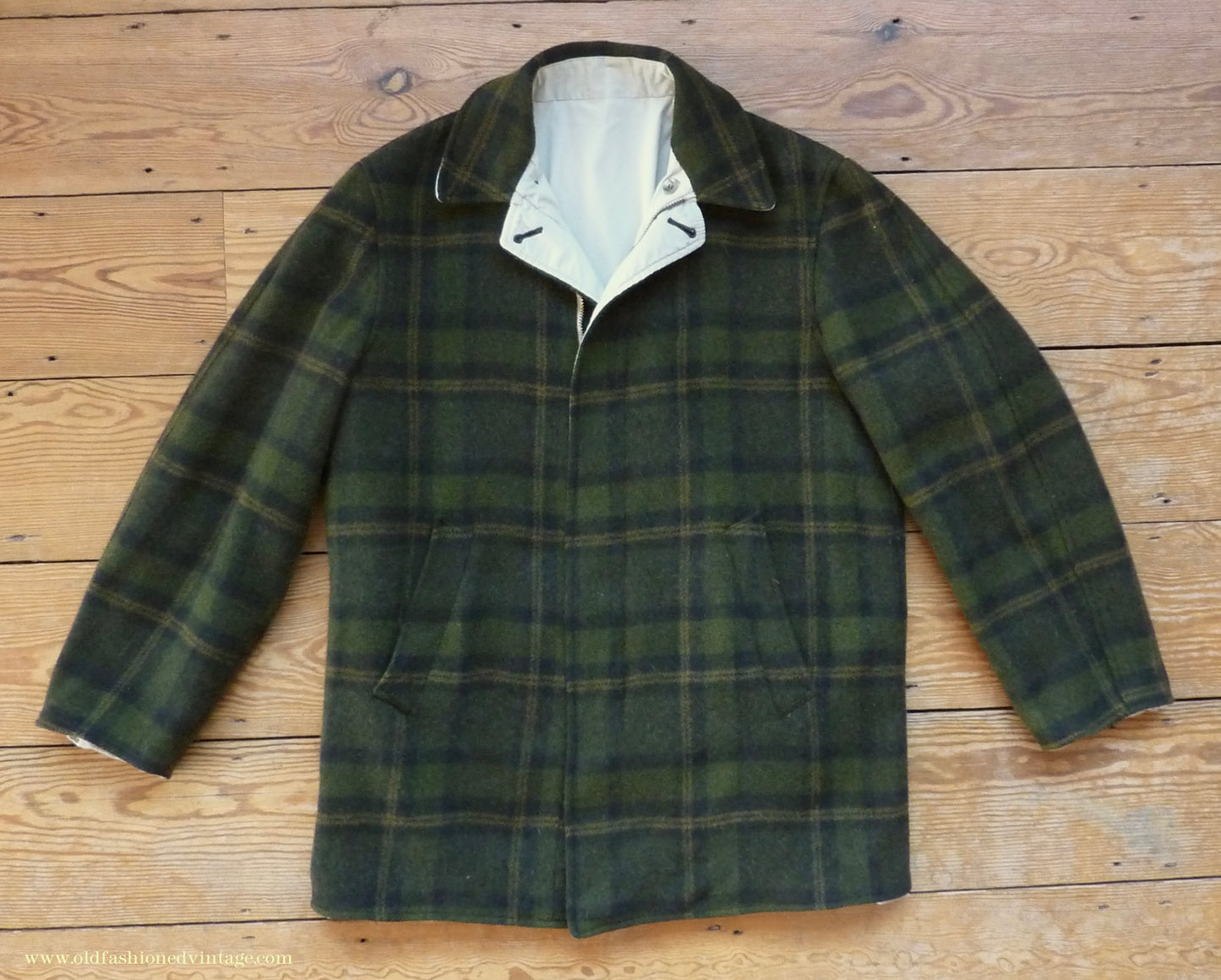 Vintage Mens 1950s Pendleton Reversible Zipper Jacket Olive Green Plaid Wool Cotton S