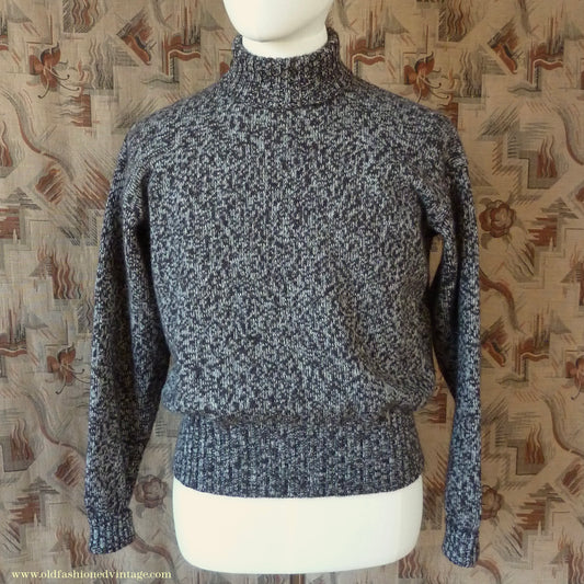 Old Fashioned Garments Vintage Reproduction 1940s Mens Roll Neck Jumper Mottled Dark Brown & White Polo Turtle Sweater L