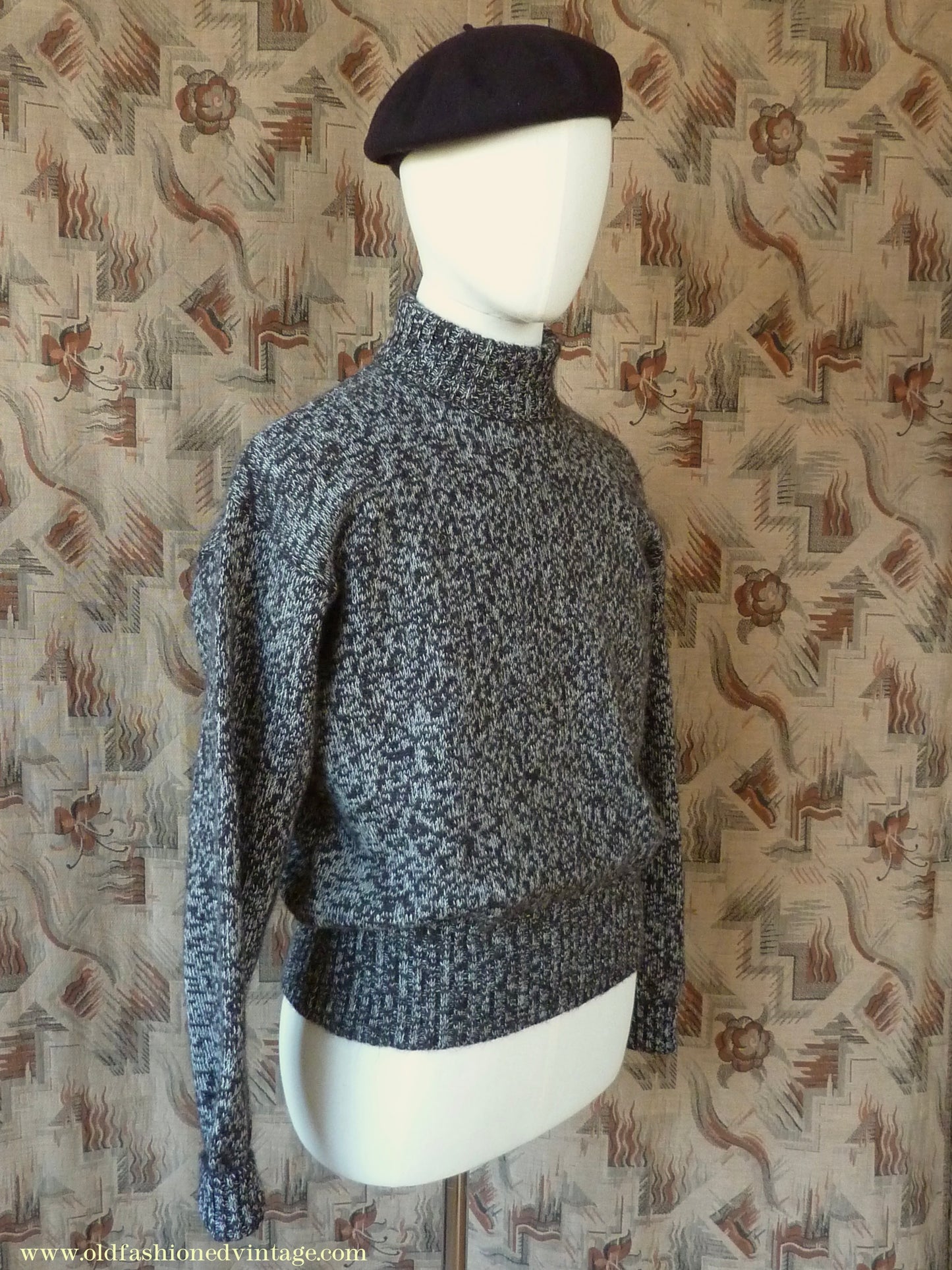 Old Fashioned Garments Vintage Reproduction 1940s Mens Roll Neck Jumper Mottled Dark Brown & White Polo Turtle Sweater L