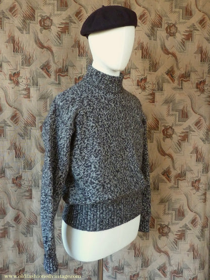 Old Fashioned Garments Vintage Reproduction 1940s Mens Roll Neck Jumper Mottled Dark Brown & White Polo Turtle Sweater L