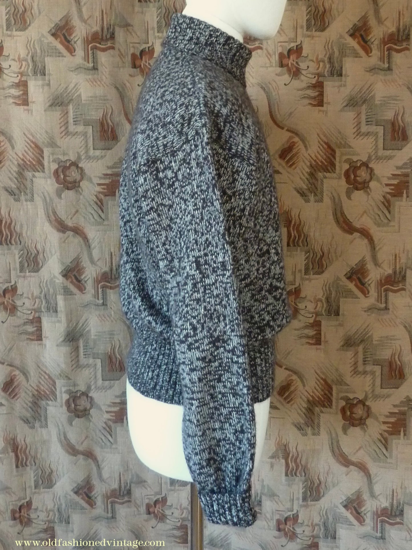 Old Fashioned Garments Vintage Reproduction 1940s Mens Roll Neck Jumper Mottled Dark Brown & White Polo Turtle Sweater L