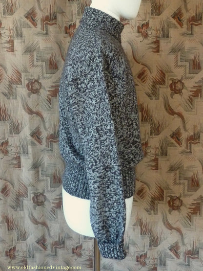 Old Fashioned Garments Vintage Reproduction 1940s Mens Roll Neck Jumper Mottled Dark Brown & White Polo Turtle Sweater L