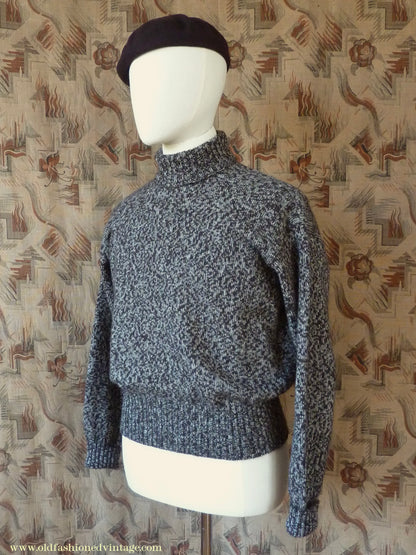 Old Fashioned Garments Vintage Reproduction 1940s Mens Roll Neck Jumper Mottled Dark Brown & White Polo Turtle Sweater L