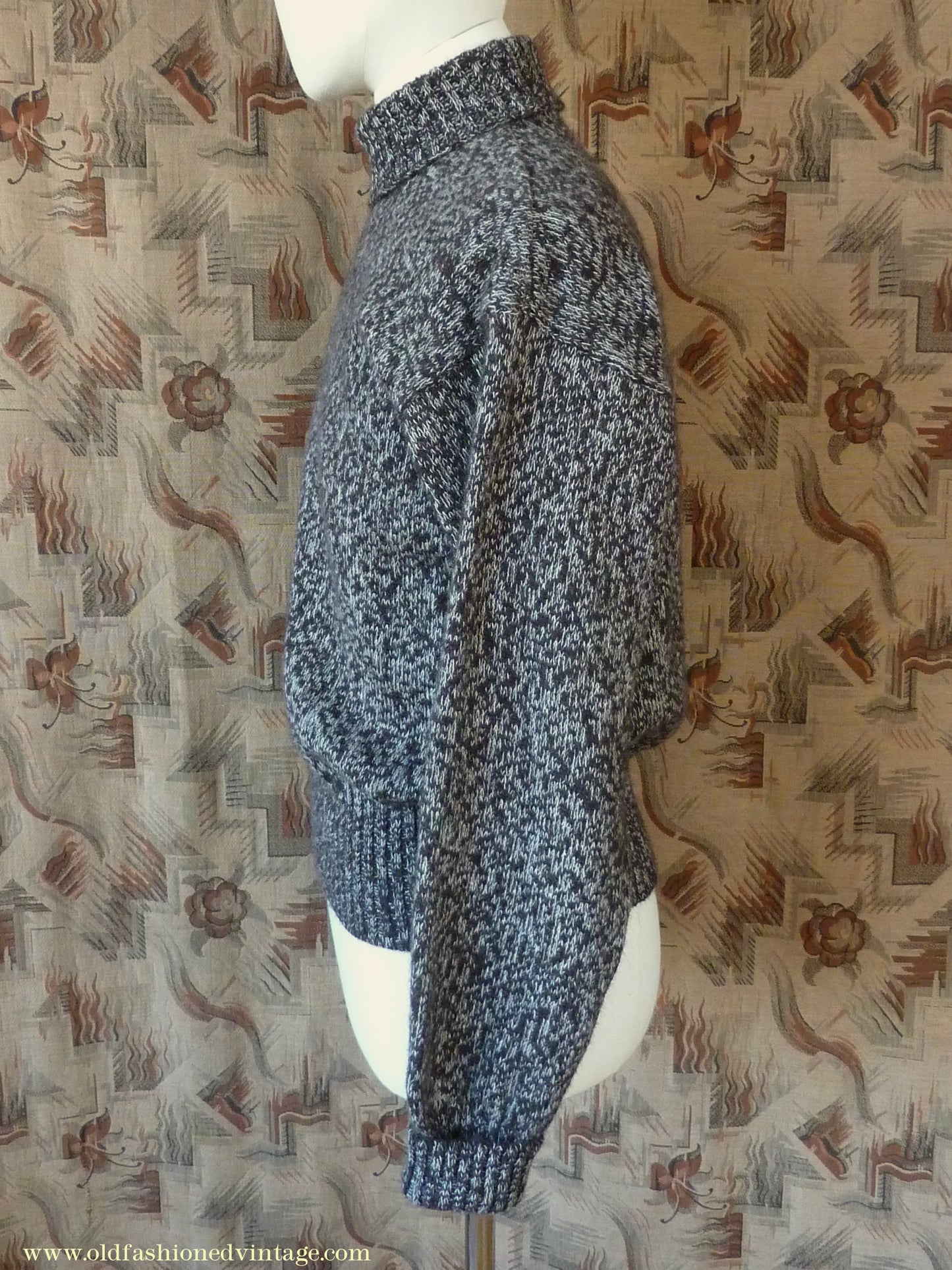 Old Fashioned Garments Vintage Reproduction 1940s Mens Roll Neck Jumper Mottled Dark Brown & White Polo Turtle Sweater L