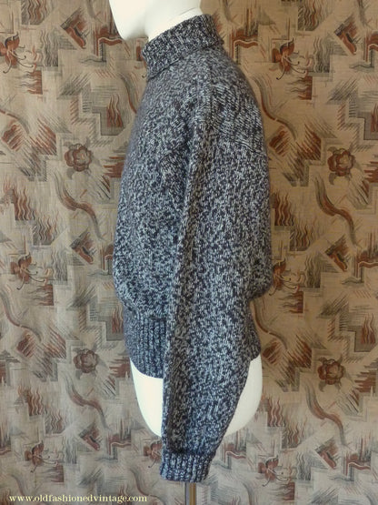 Old Fashioned Garments Vintage Reproduction 1940s Mens Roll Neck Jumper Mottled Dark Brown & White Polo Turtle Sweater L